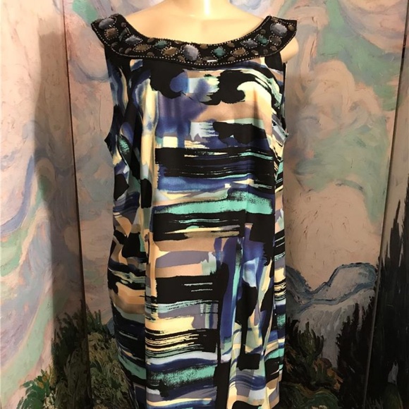 dressbarn Dresses & Skirts - Dressbarn Blue Print Scoop Jeweled Neck Dress